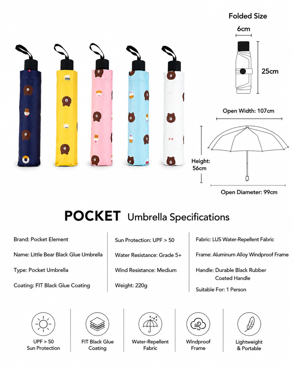 Cute teddy Print Compact 3 Fold UV Rain and Sun Umbrella