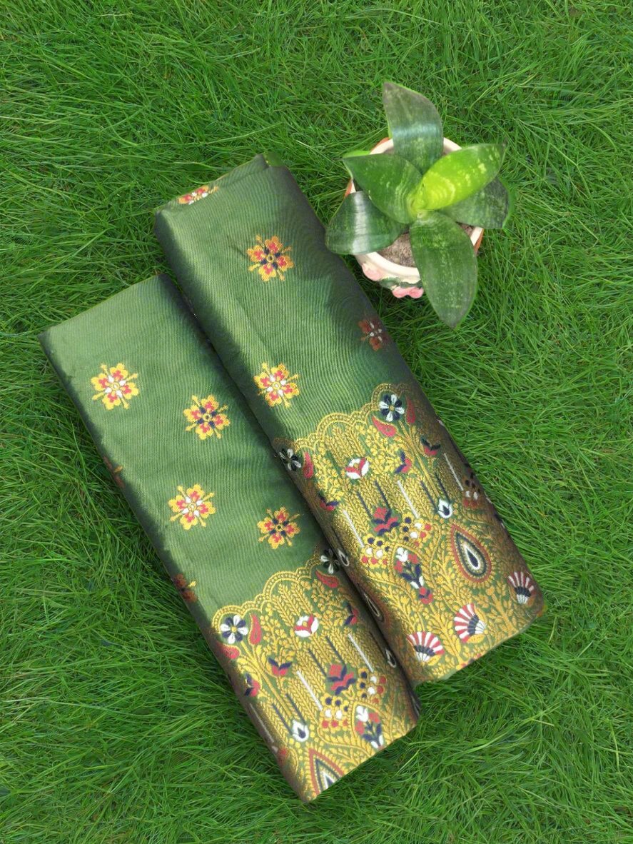 Mekhela Chador Golden Zari Green Assam Traditional Attair