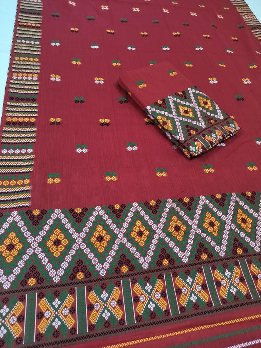 Wash Cotton | Mekhela Chador Set | Missing Design | Red