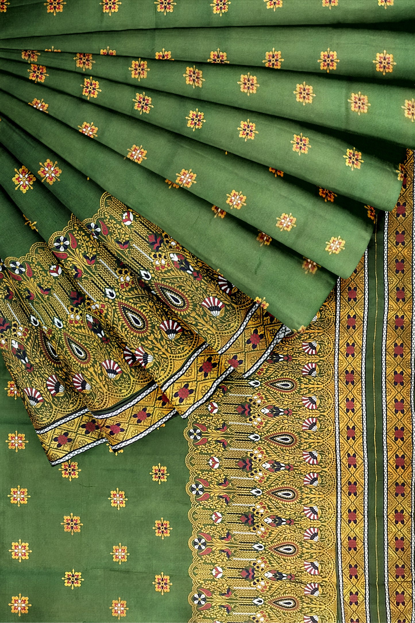 Mekhela Chador Golden Zari Green Assam Traditional Attair