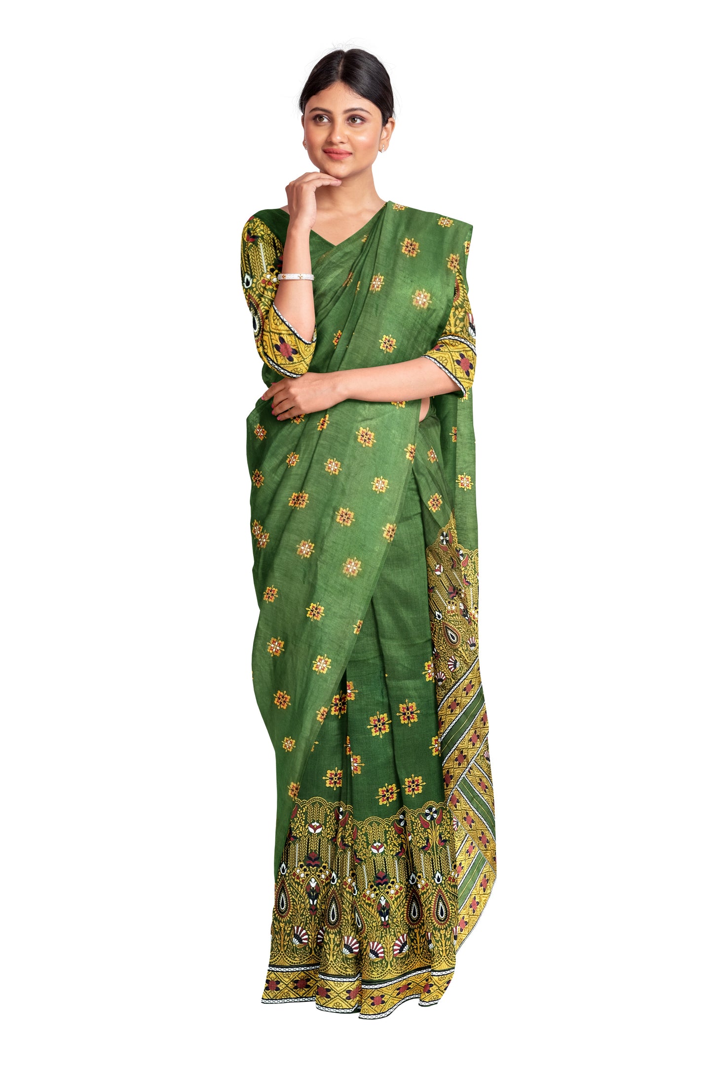 Mekhela Chador Golden Zari Green Assam Traditional Attair