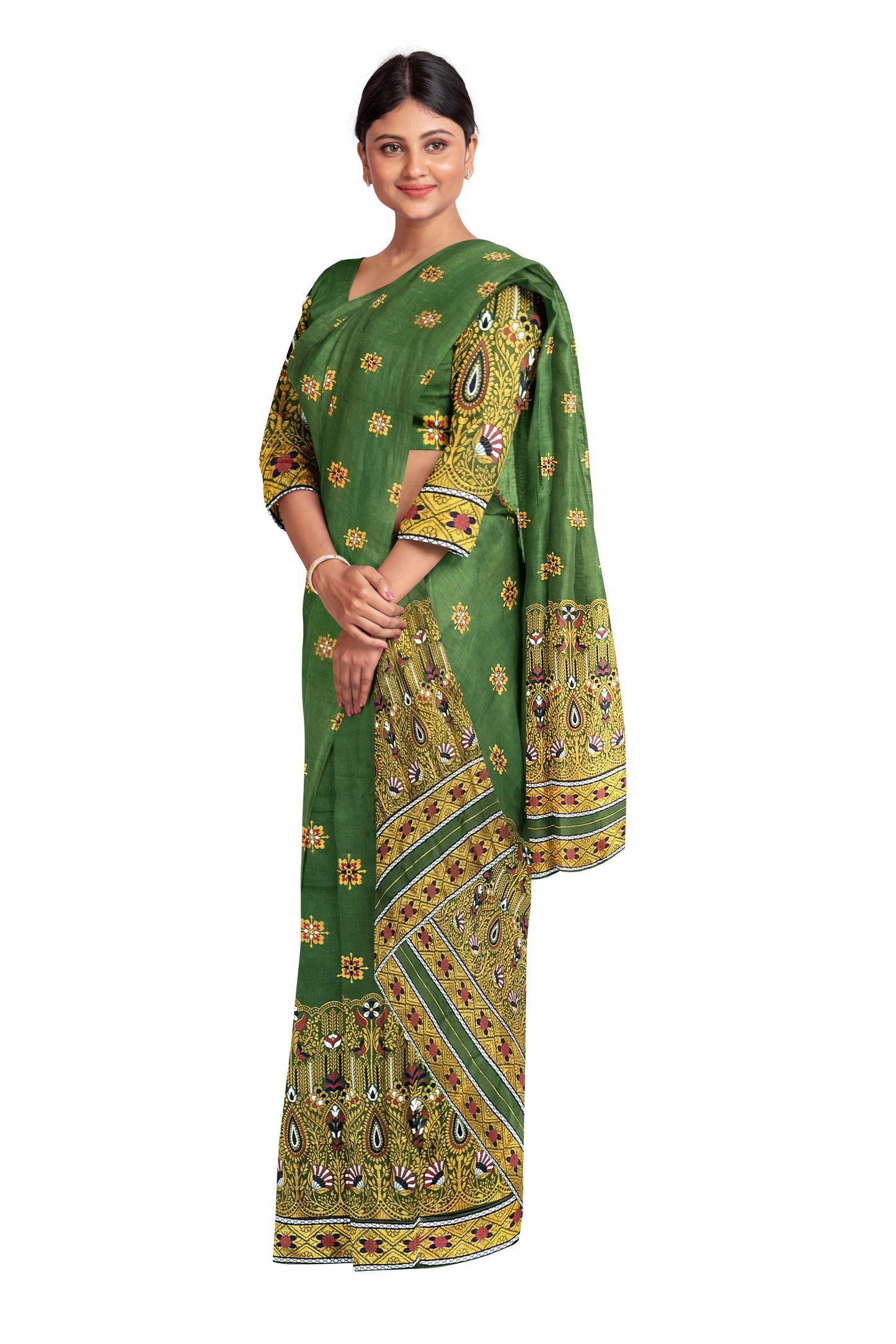 Mekhela Chador Golden Zari Green Assam Traditional Attair