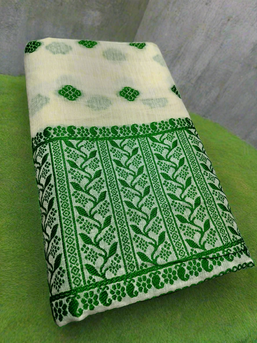 GORGEOUS COTTON BUWA MEKHELA CHADOR DESIGNER EMBROIDERY SET, CREAM