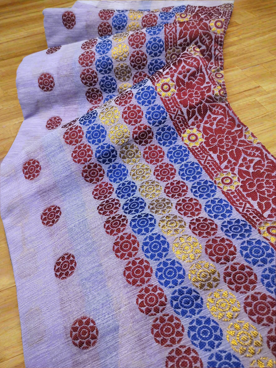 DESIGNER GORGEOUS COTTON BUWA MEKHELA CHADOR DESIGNER EMBROIDERY SET, Purple