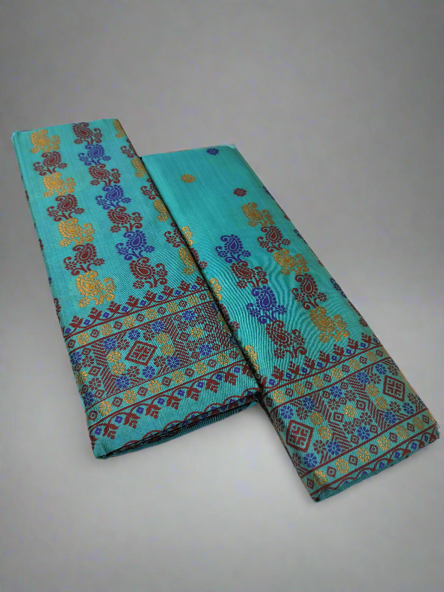 Premium Quality Assamese Traditional Mekhela Chador with Fixed Border & Unique Embroidery Design in Turquoise color