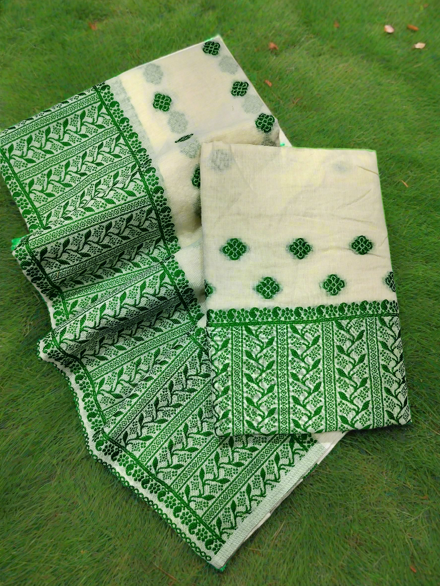 GORGEOUS COTTON BUWA MEKHELA CHADOR DESIGNER EMBROIDERY SET, CREAM