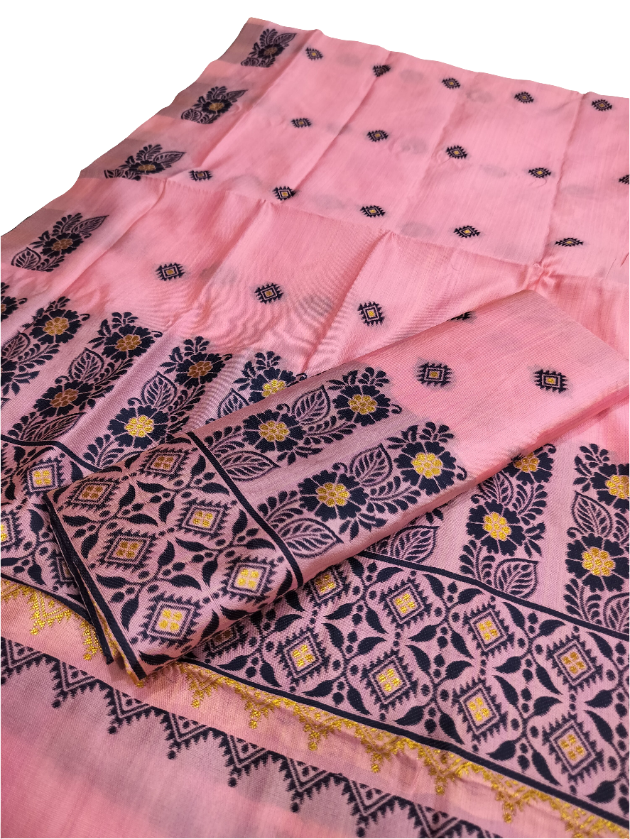 Women's Designer Cotton Mekhela Chador Embroidery With Fixed Pari in Baby Pink