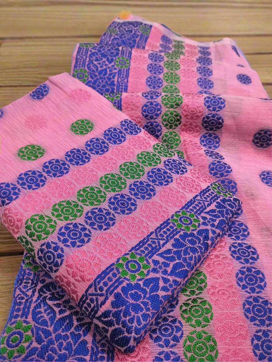 DESIGNER GORGEOUS COTTON BUWA MEKHELA CHADOR DESIGNER EMBROIDERY SET, PINK