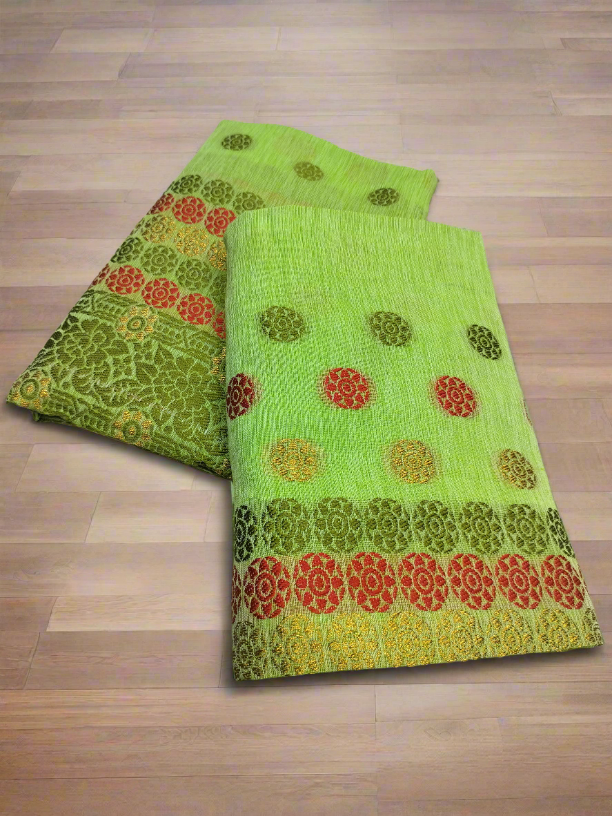 DESIGNER GORGEOUS COTTON BUWA MEKHELA CHADOR DESIGNER EMBROIDERY SET, GREEN