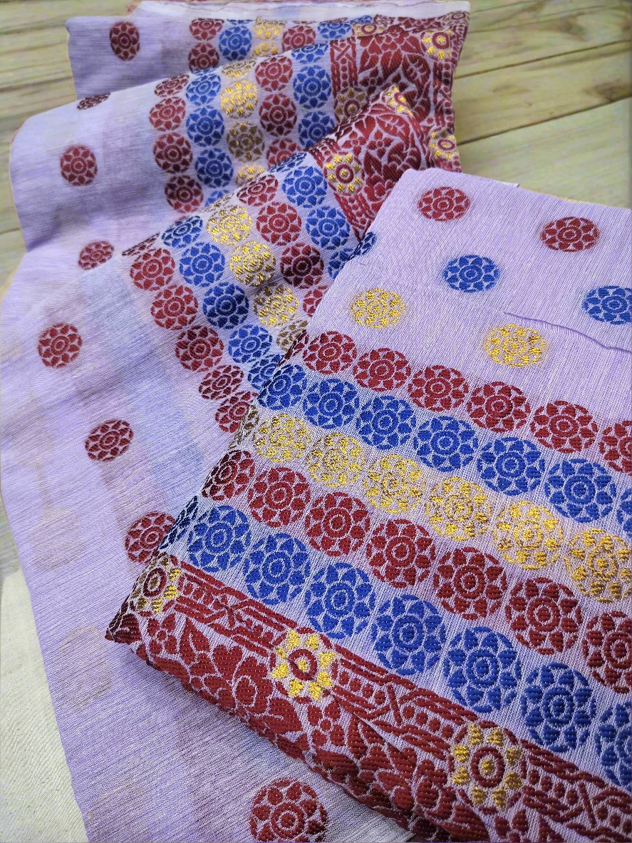 DESIGNER GORGEOUS COTTON BUWA MEKHELA CHADOR DESIGNER EMBROIDERY SET, Purple