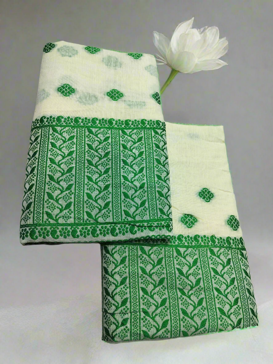 GORGEOUS COTTON BUWA MEKHELA CHADOR DESIGNER EMBROIDERY SET, CREAM