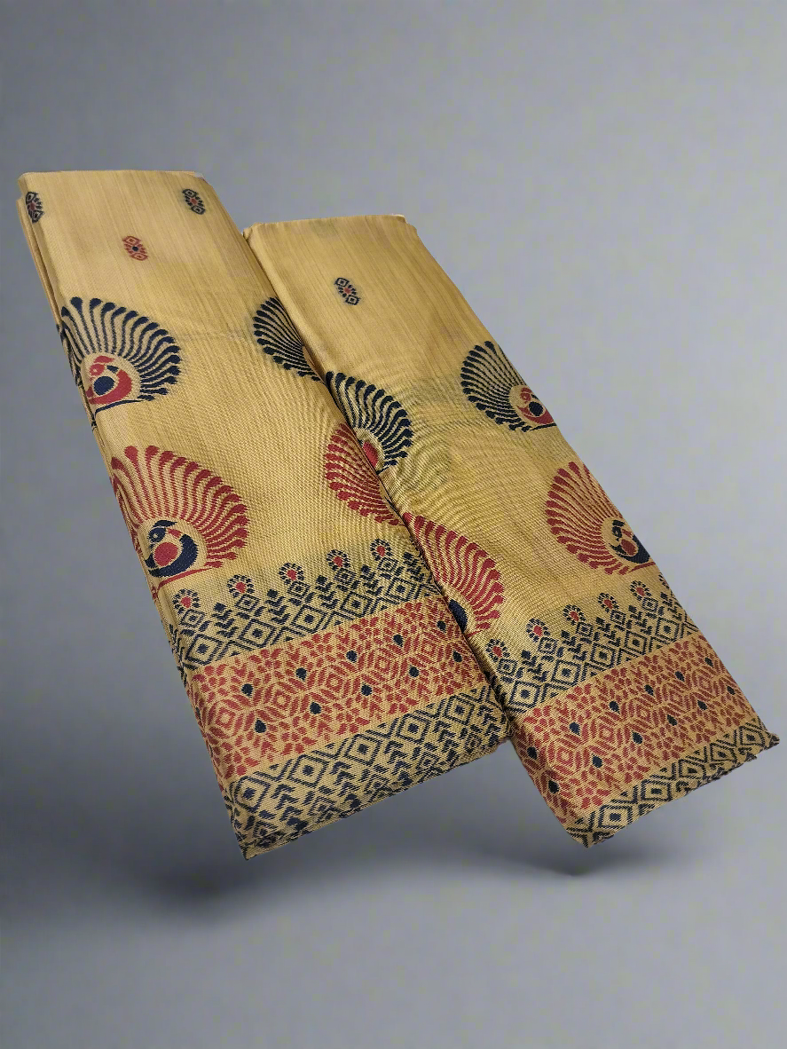 Women's Designer Cotton Mekhela Chador Embroidery With Fixed Pari in Muga/Golden