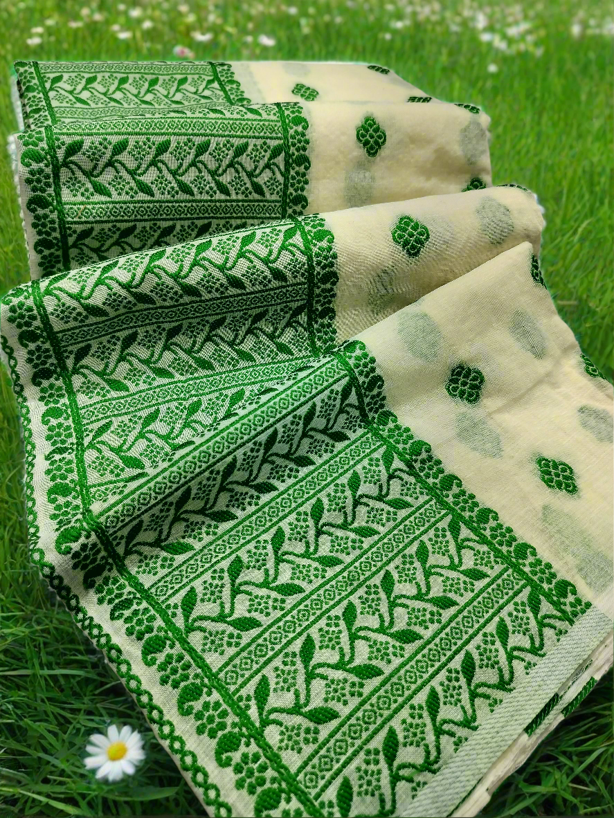 GORGEOUS COTTON BUWA MEKHELA CHADOR DESIGNER EMBROIDERY SET, CREAM