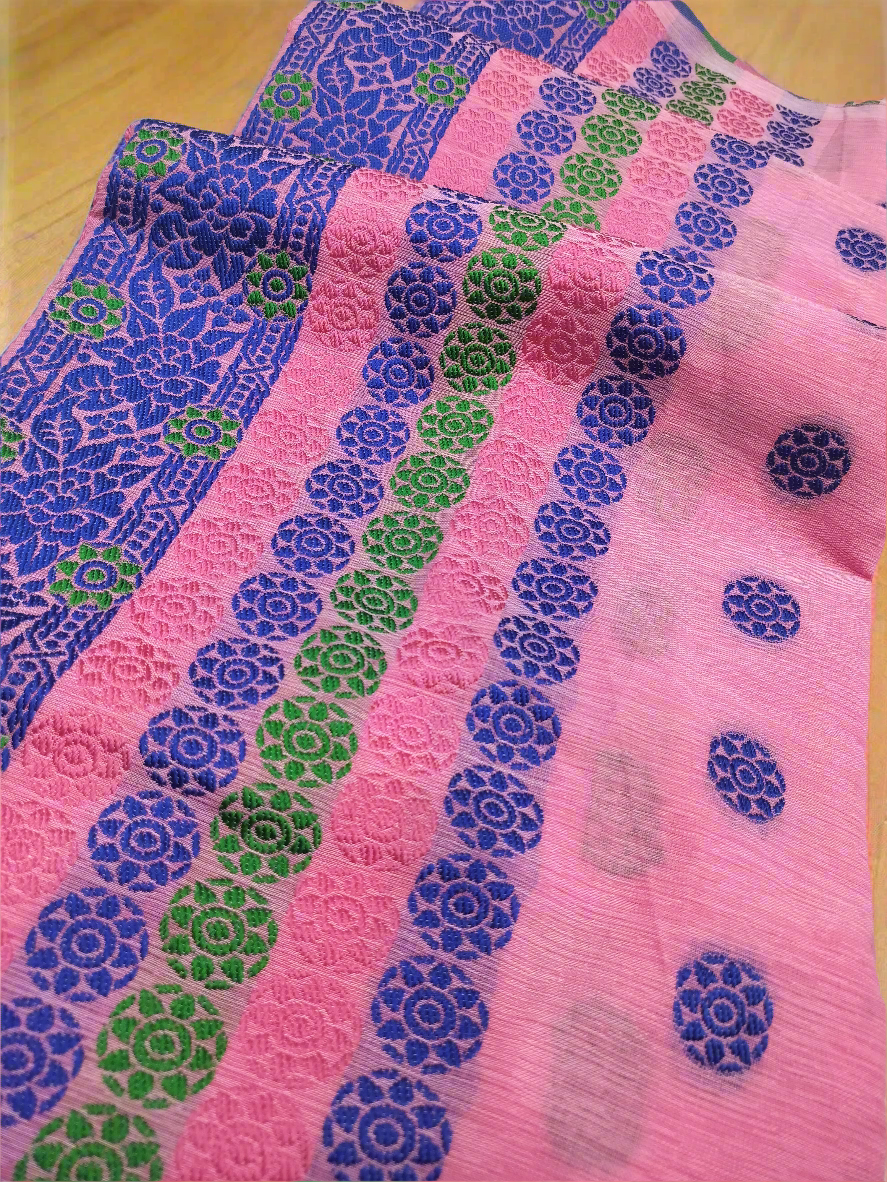 DESIGNER GORGEOUS COTTON BUWA MEKHELA CHADOR DESIGNER EMBROIDERY SET, PINK