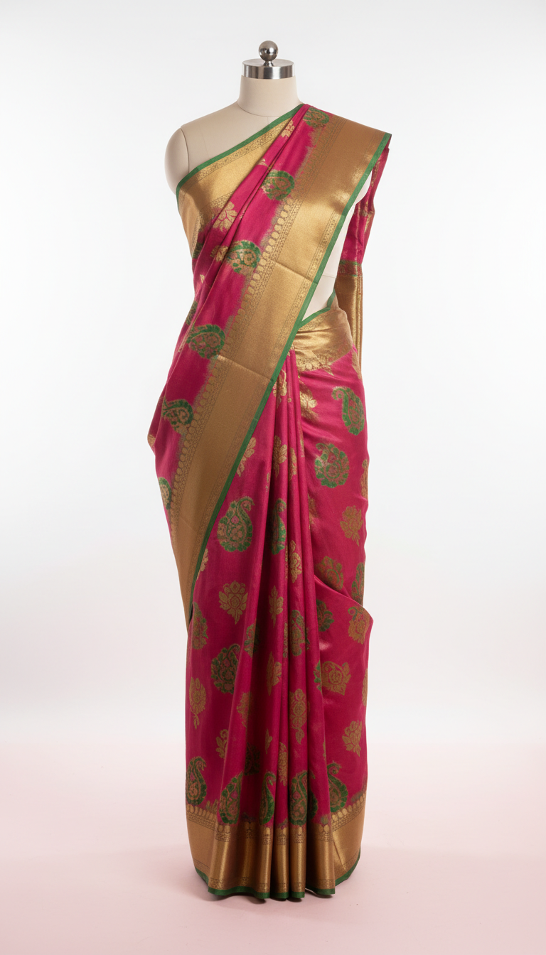 Nine-yard saree with antique gold accents