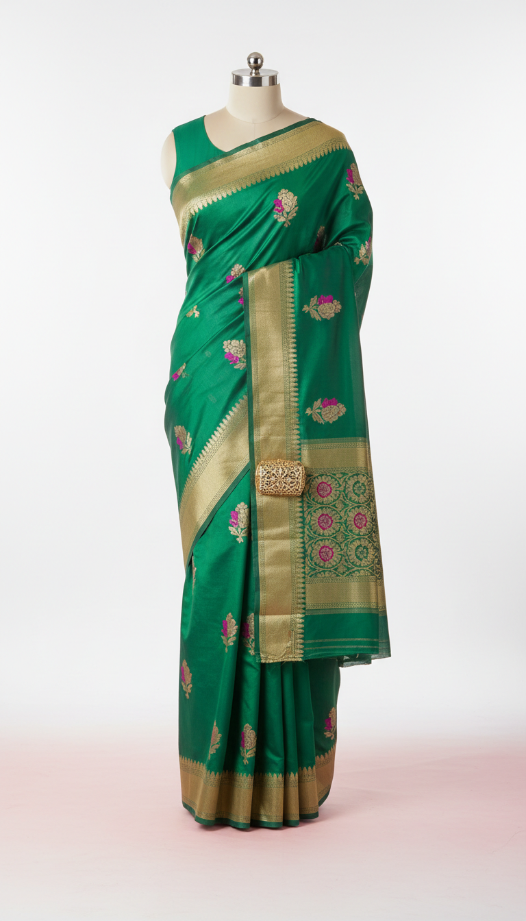 Festive green cotton saree with zari border
