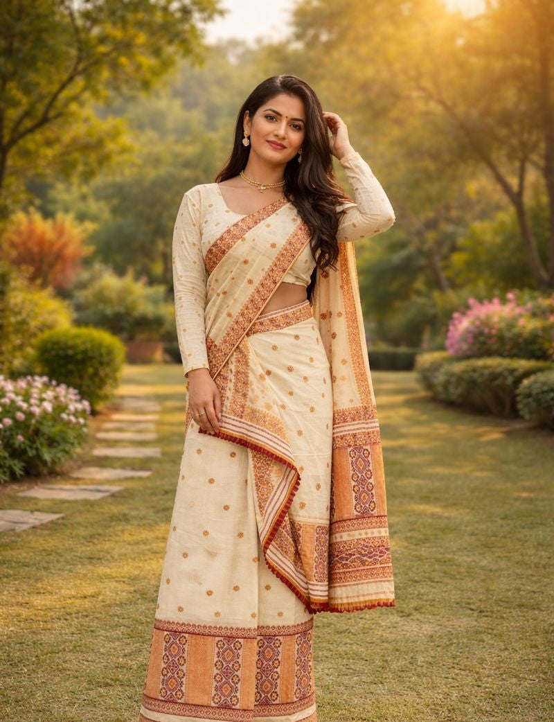 MixPat Muga-Maroon Embroidery Traditional Mekhela Chador set (Off-White-muga)