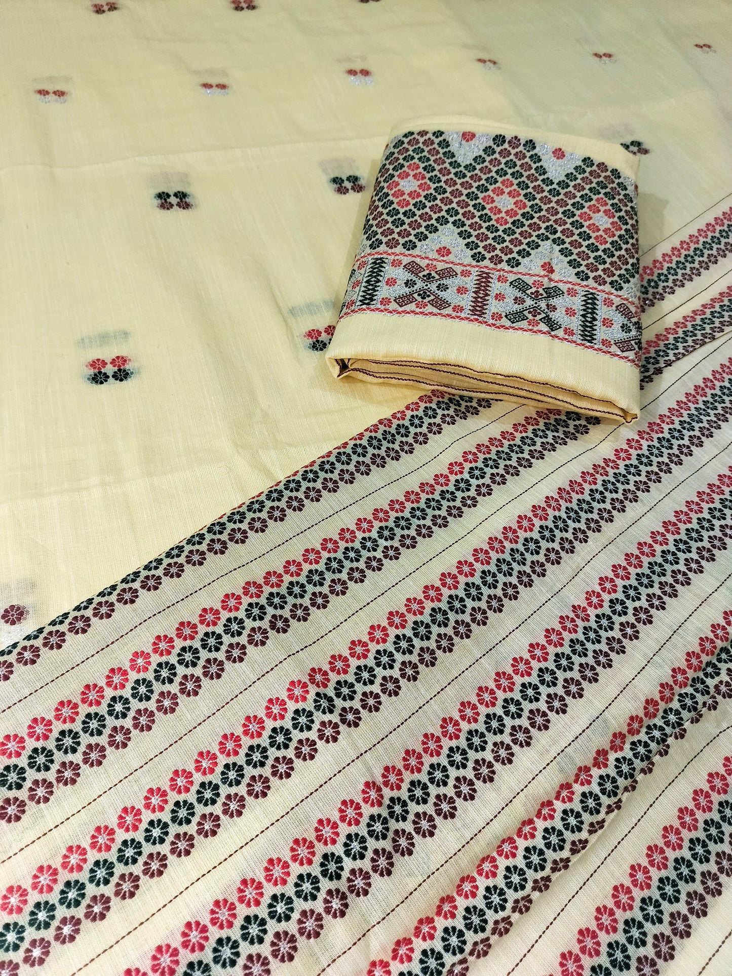Missing Mekhela Chador Set, Masline Cotton Fabric, Fixed Pari | Elegant Handwoven Design | Yellow