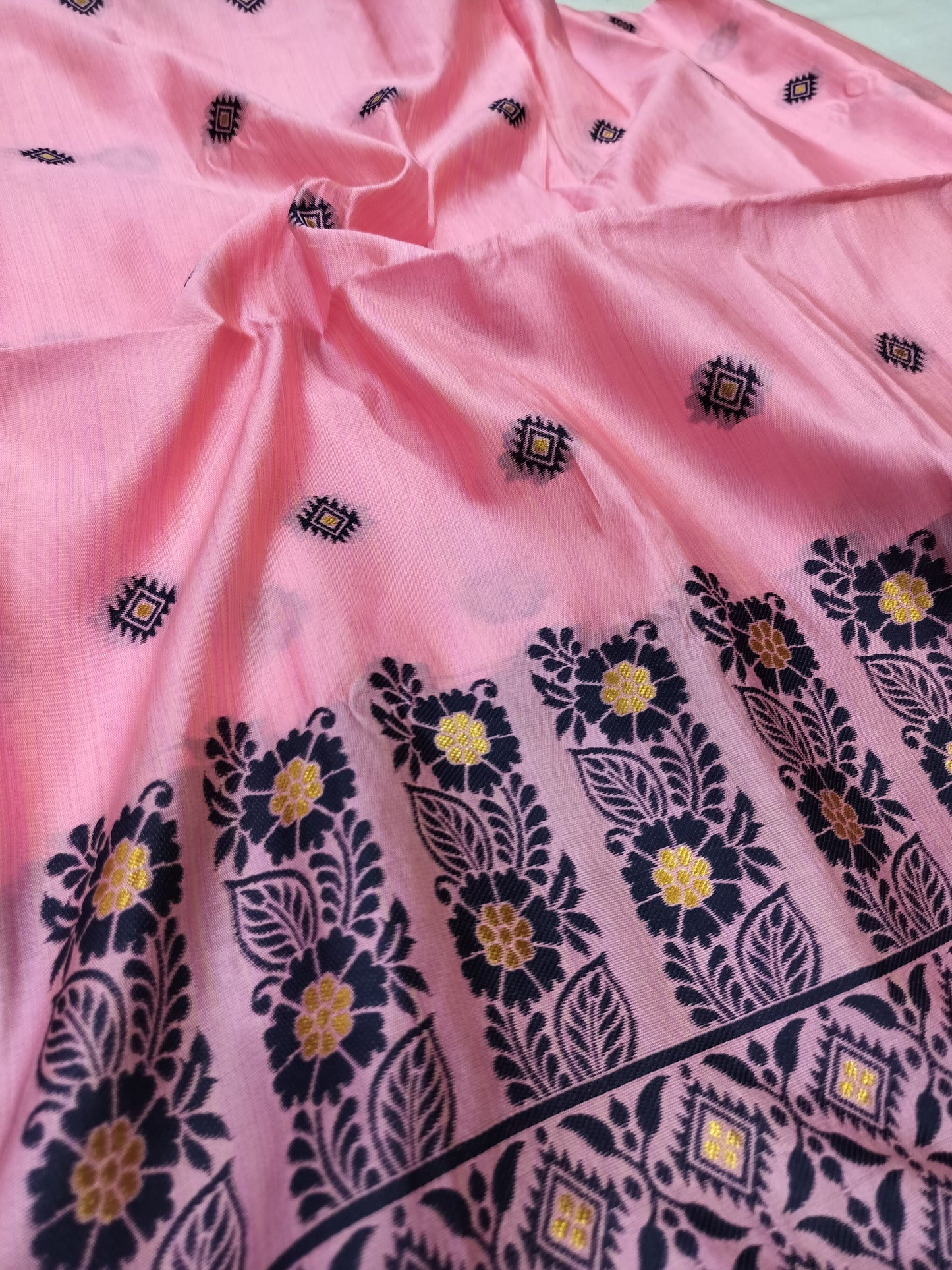 Women's Designer Cotton Mekhela Chador Embroidery With Fixed Pari in Baby Pink