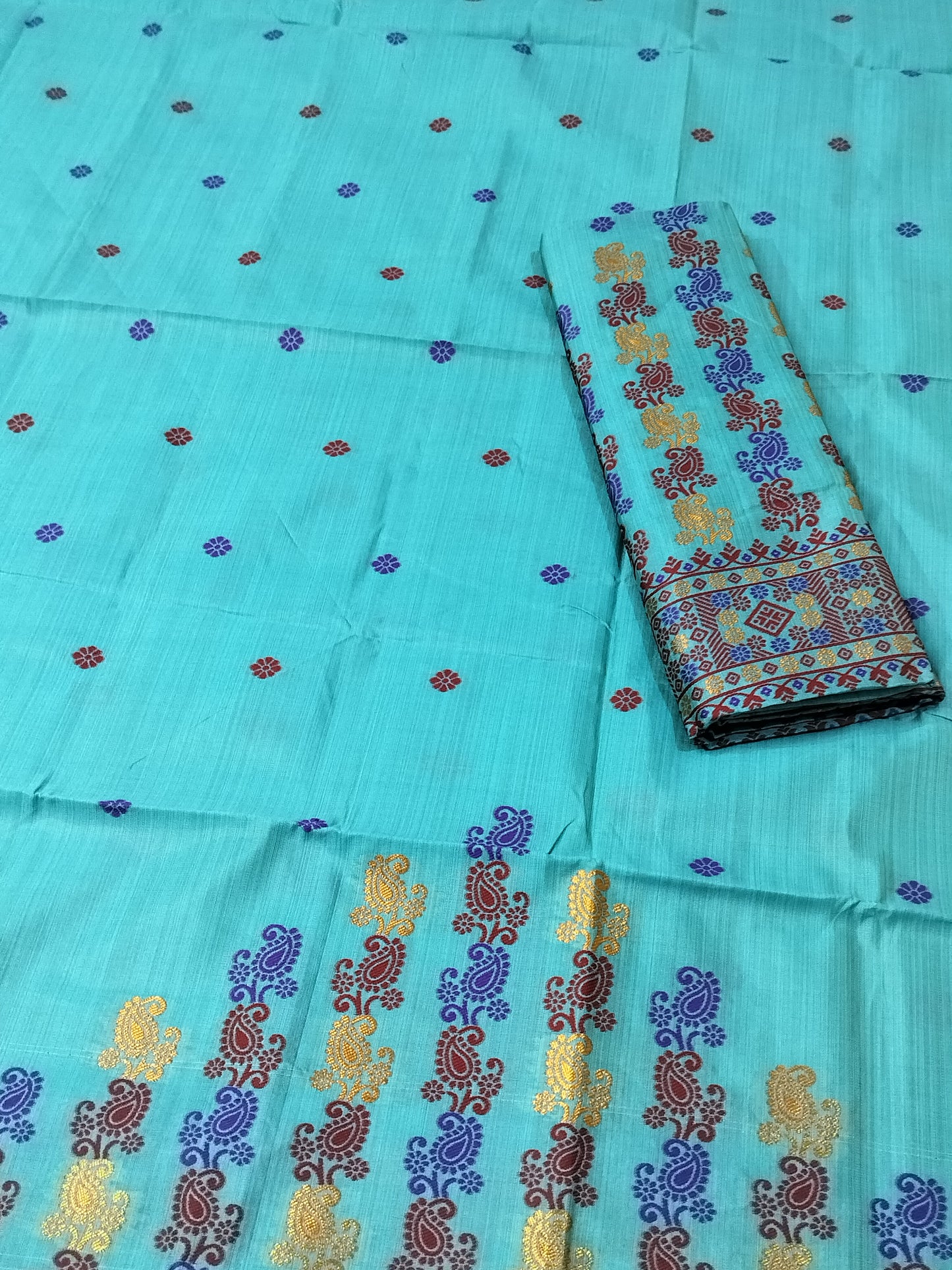 Premium Quality Assamese Traditional Mekhela Chador with Fixed Border & Unique Embroidery Design in Turquoise color