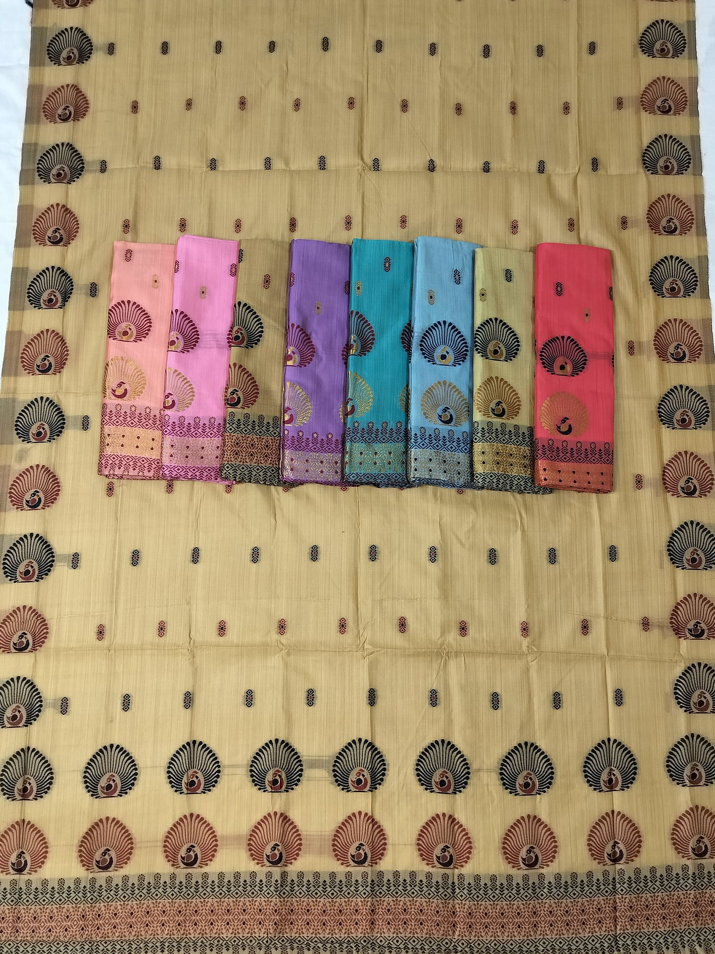 Women's Designer Cotton Mekhela Chador Embroidery With Fixed Pari in Muga/Golden