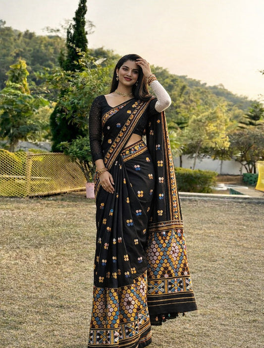 Mekhela Chador Set,Fixed Pari | Elegant Missing Design | Black