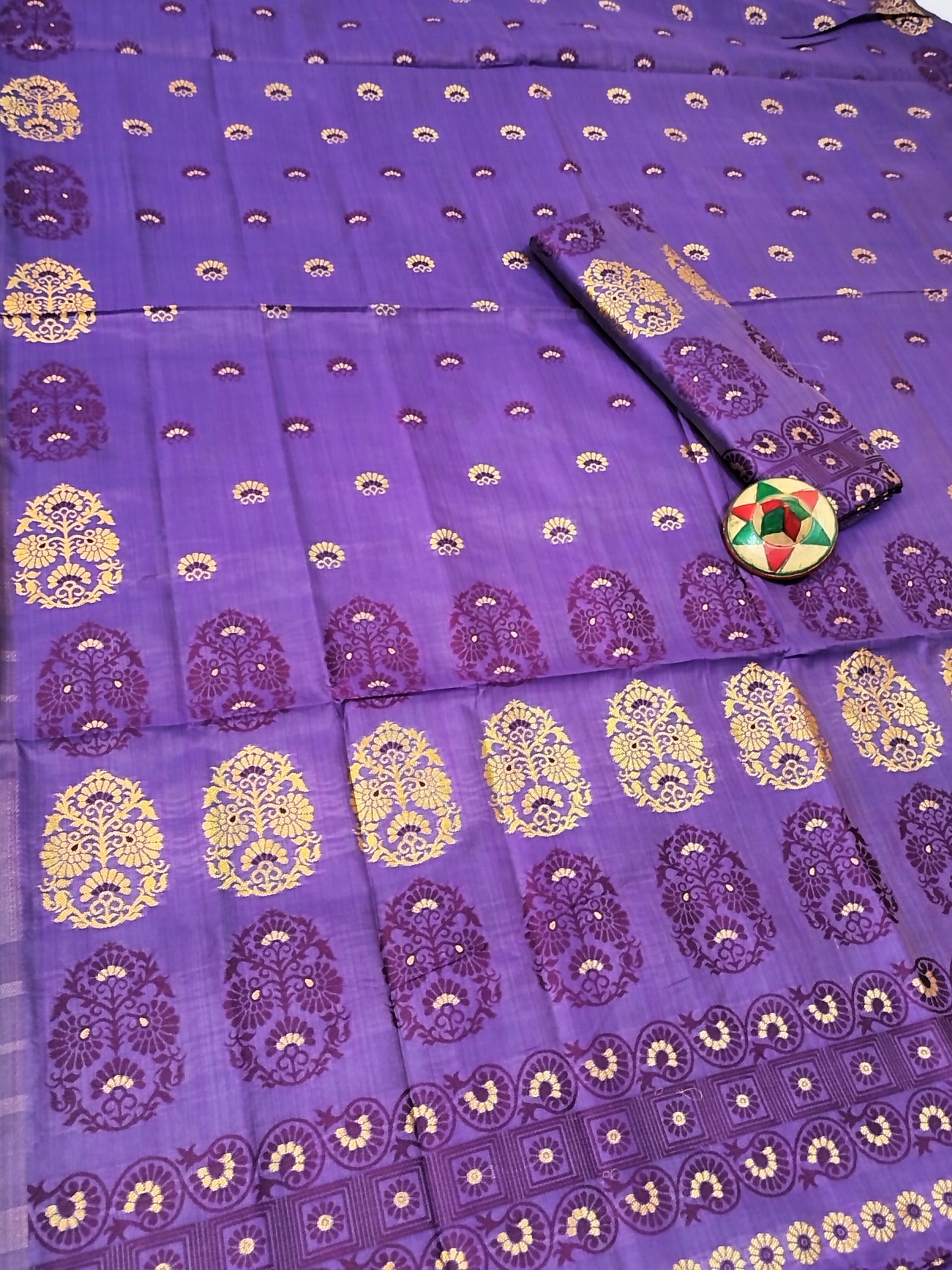 Assamese Premium Quality Traditional Mekhela Chador with Fixed Border & Unique Embroidery Design in D-Purple Color