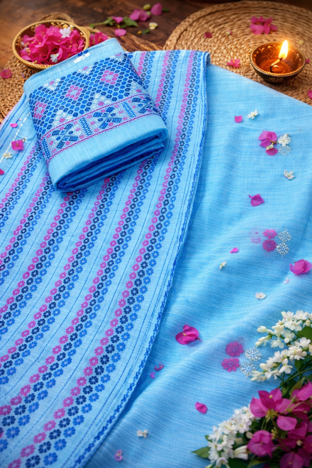 Missing Mekhela Chador Set, Masline Cotton Fabric, Fixed Pari | Elegant Handwoven Design | Blue