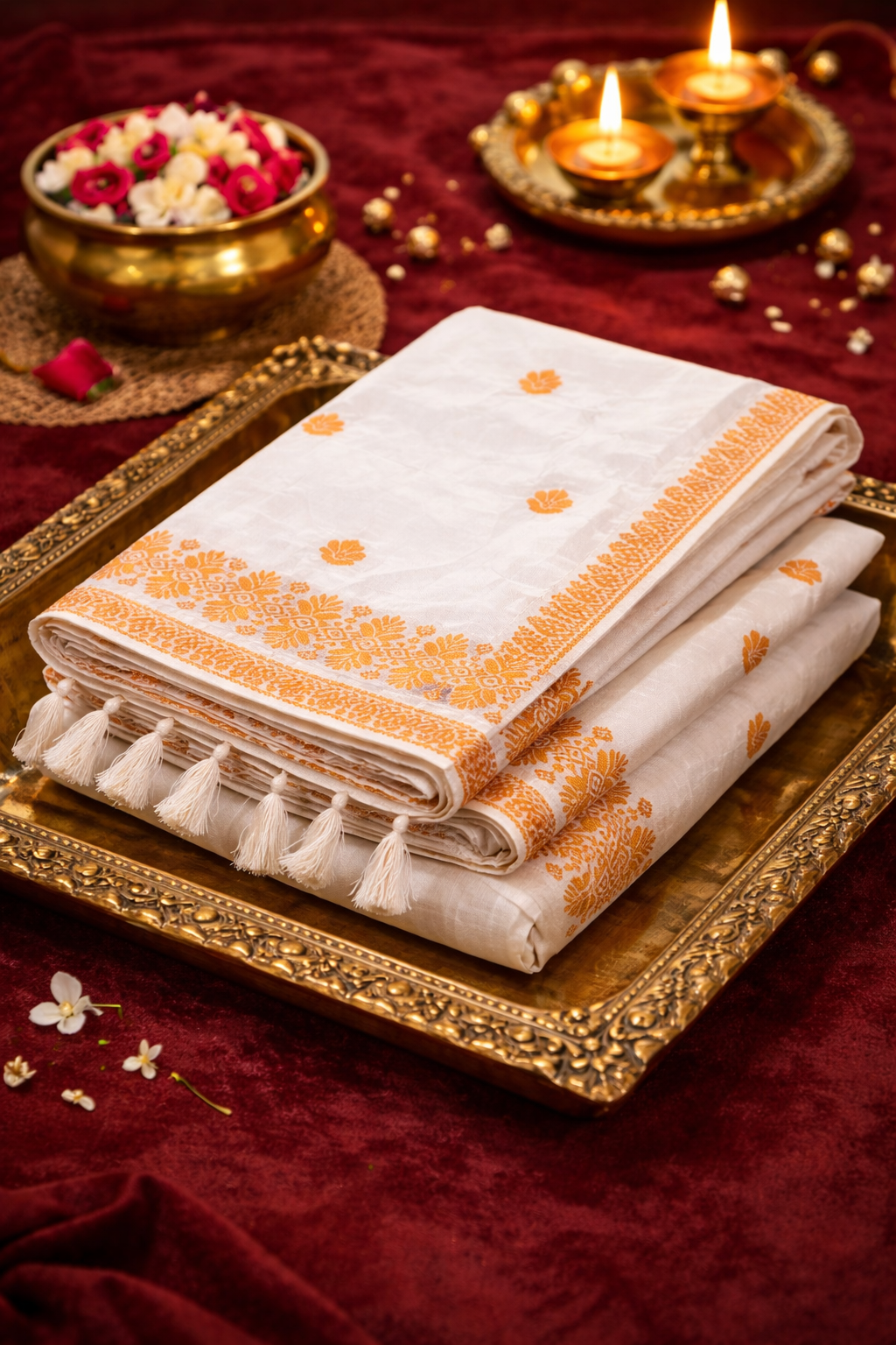 MixPat Heavy Golden Embroidery Traditional Mekhela Chador set (White)
