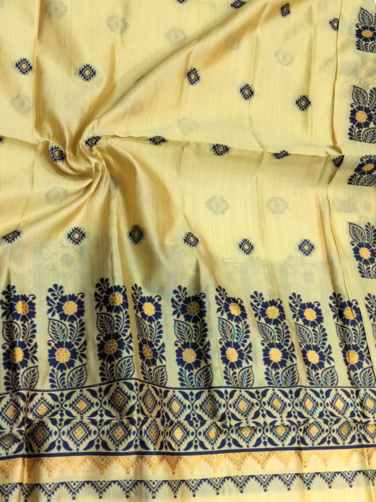 Women's Designer Cotton Mekhela Chador Embroidery With Fixed Pari in Yellow-Green