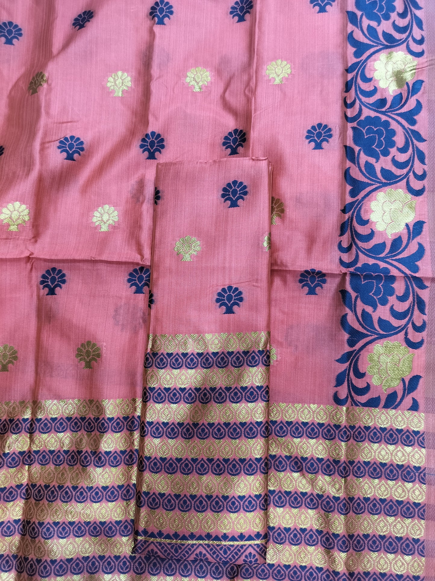 Assamese Premium Quality Traditional Mekhela Chador with Fixed Border & Unique Embroidery Design in D-Pink Color