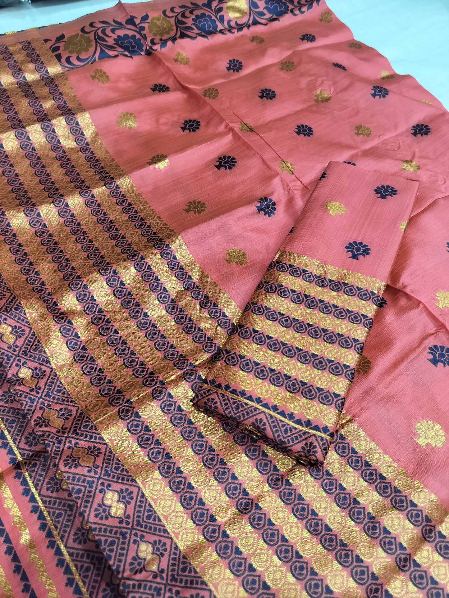 Assamese Premium Quality Traditional Mekhela Chador with Fixed Border & Unique Embroidery Design in D-Pink Color