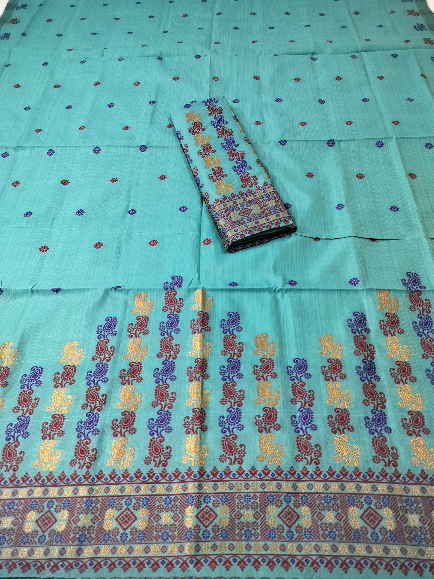 Premium Quality Assamese Traditional Mekhela Chador with Fixed Border & Unique Embroidery Design in Turquoise color