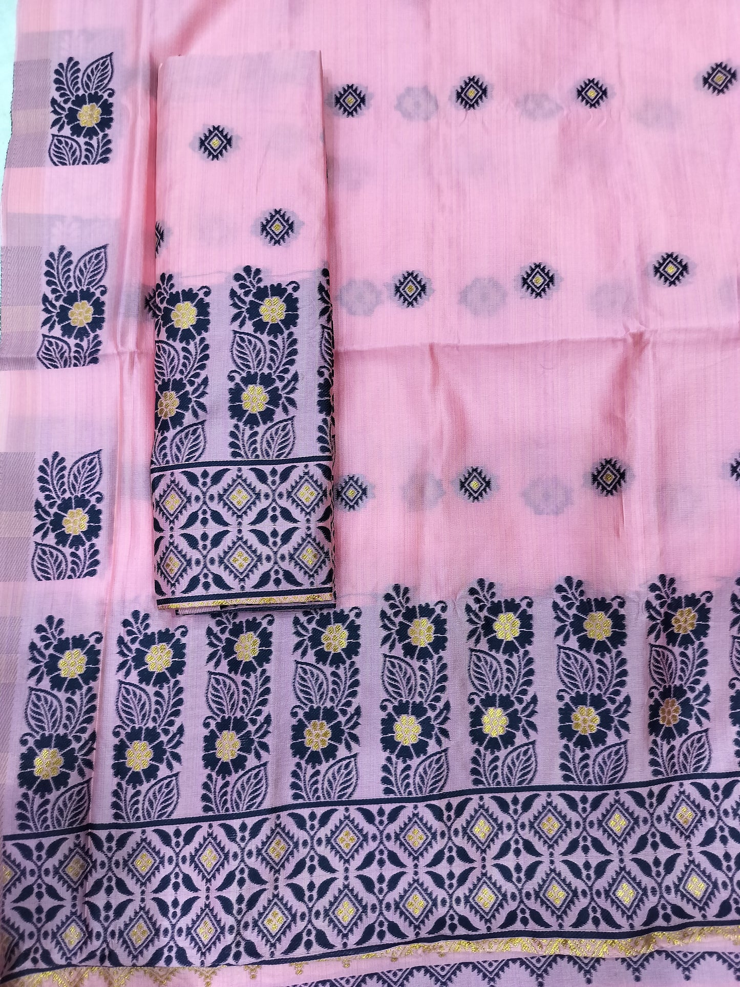 Women's Designer Cotton Mekhela Chador Embroidery With Fixed Pari in Baby Pink
