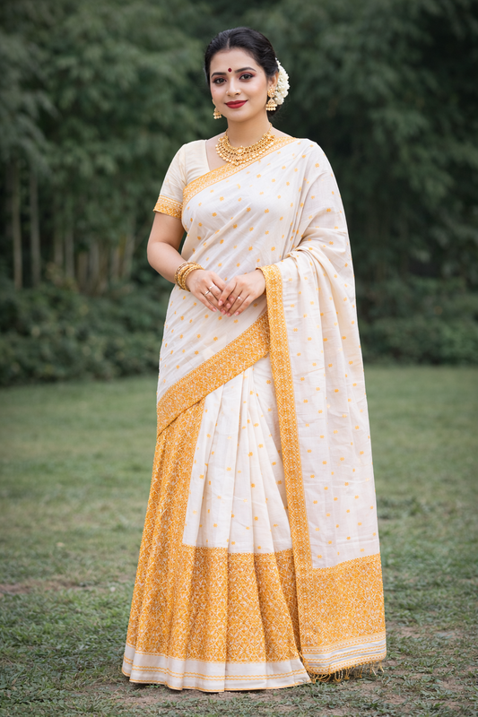 MixPat Heavy Golden Embroidery Traditional Mekhela Chador set (White)