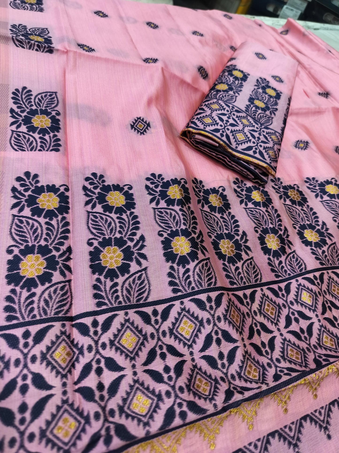 Women's Designer Cotton Mekhela Chador Embroidery With Fixed Pari in Baby Pink