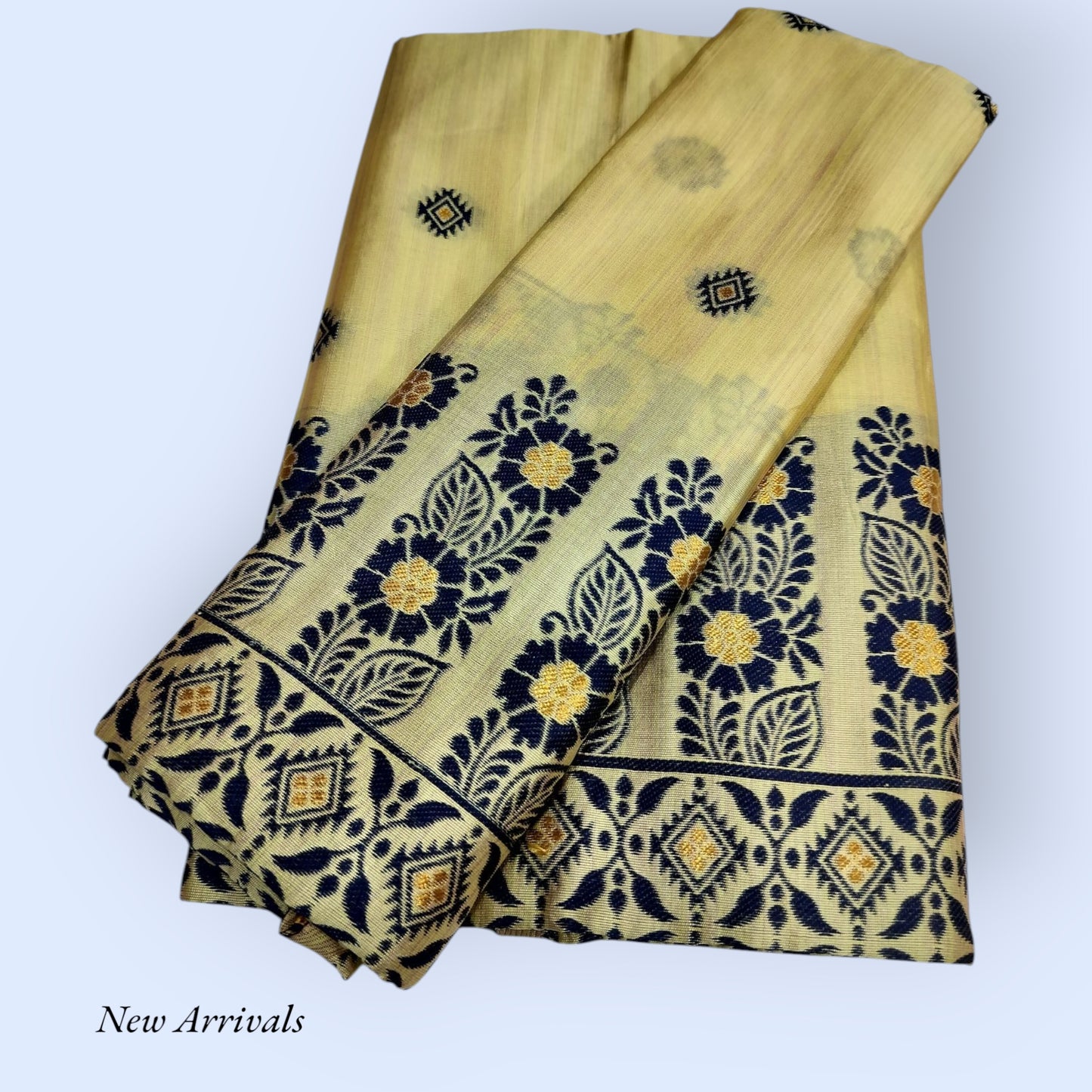 Women's Designer Cotton Mekhela Chador Embroidery With Fixed Pari in Yellow-Green