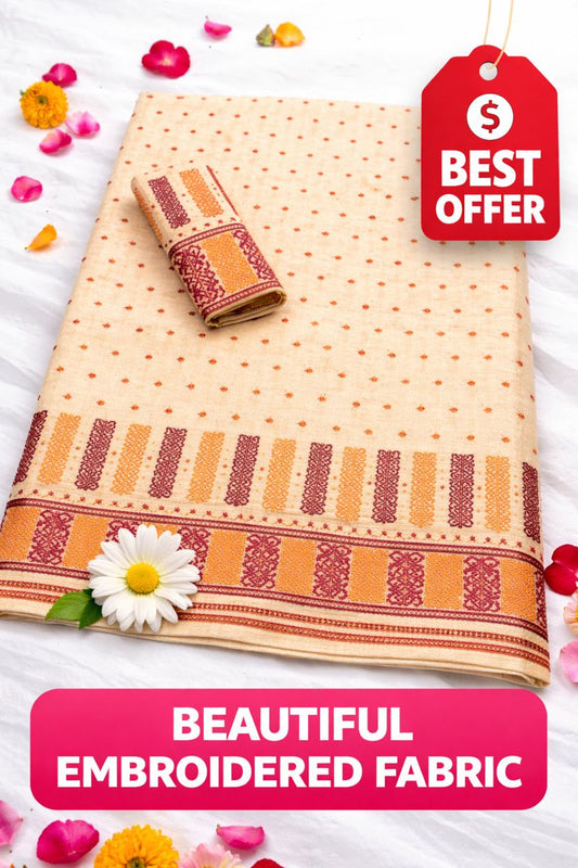 MixPat Muga-Maroon Embroidery Traditional Mekhela Chador set (Off-White-muga)