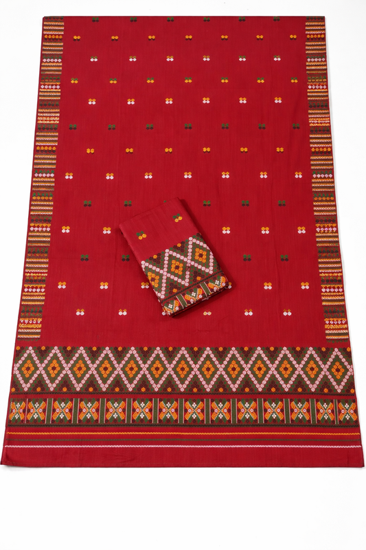 Wash Cotton | Mekhela Chador Set | Missing Design | Red