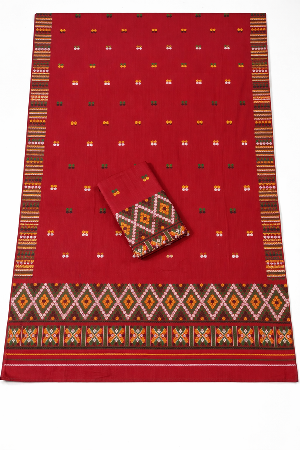 Wash Cotton | Mekhela Chador Set | Missing Design | Red
