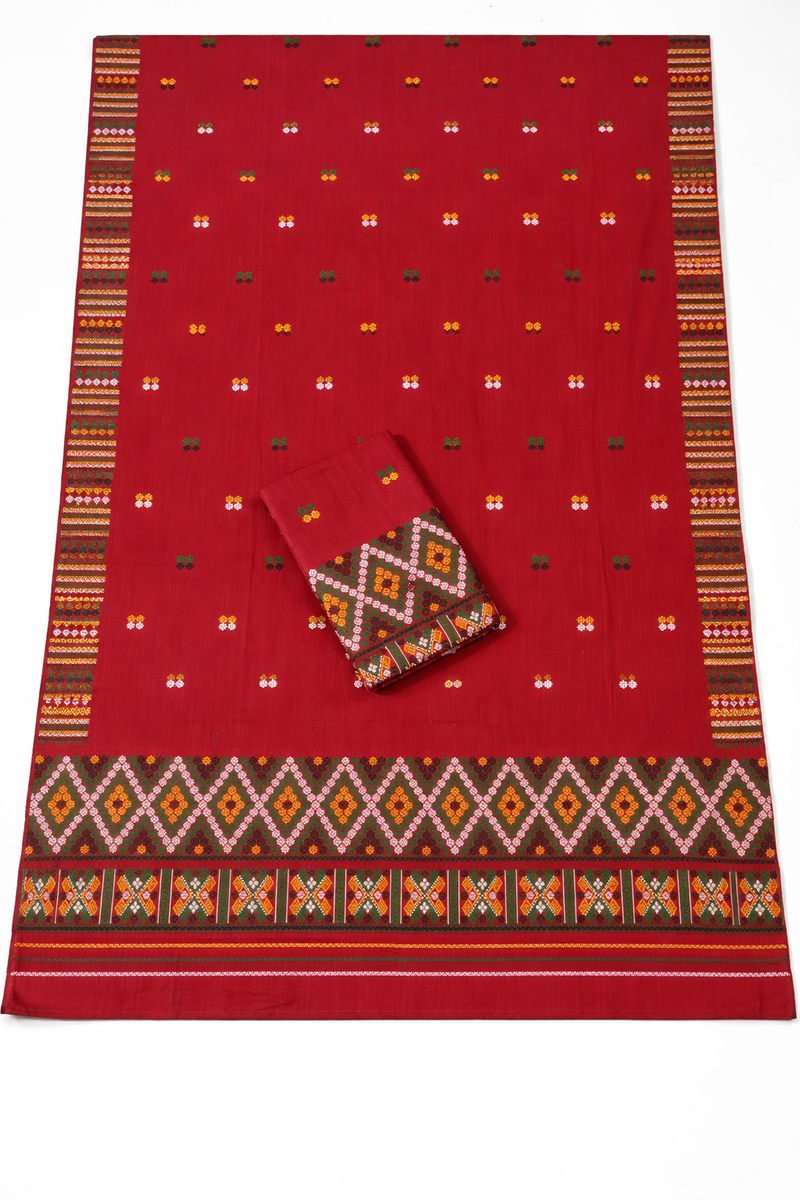 Wash Cotton | Mekhela Chador Set | Missing Design | Red