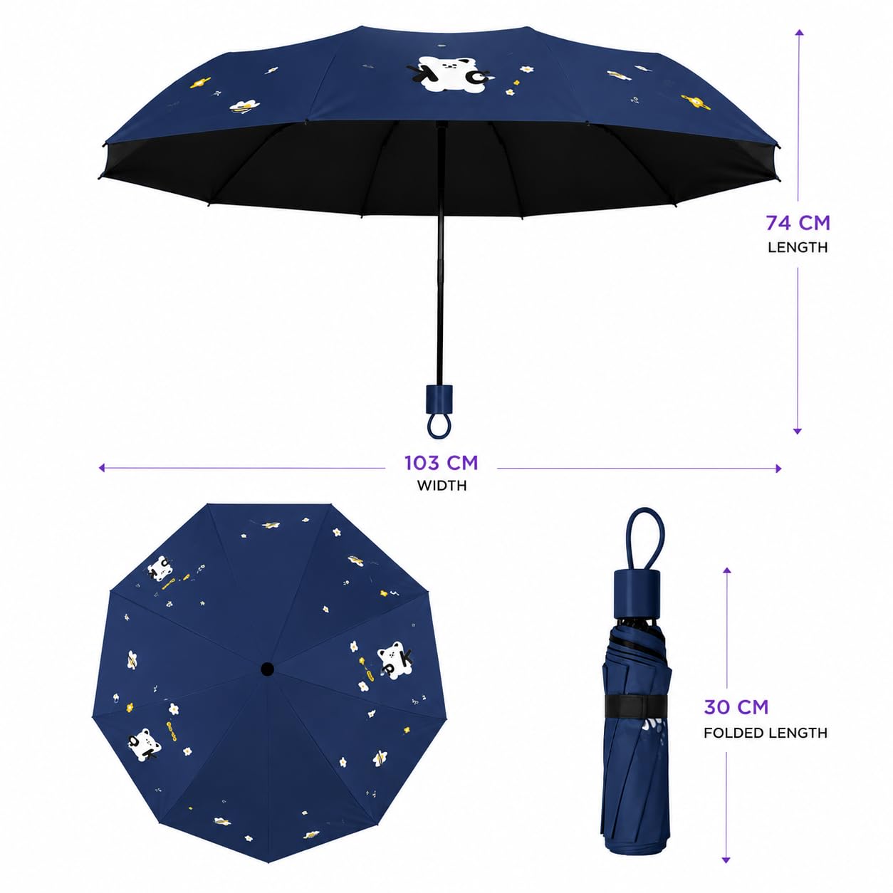 Cute Bear Print Compact 3 fold umbrella, UV Protection Dual Use
