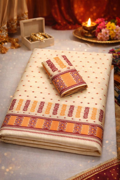 MixPat Muga-Maroon Embroidery Traditional Mekhela Chador set (Off-White-muga)