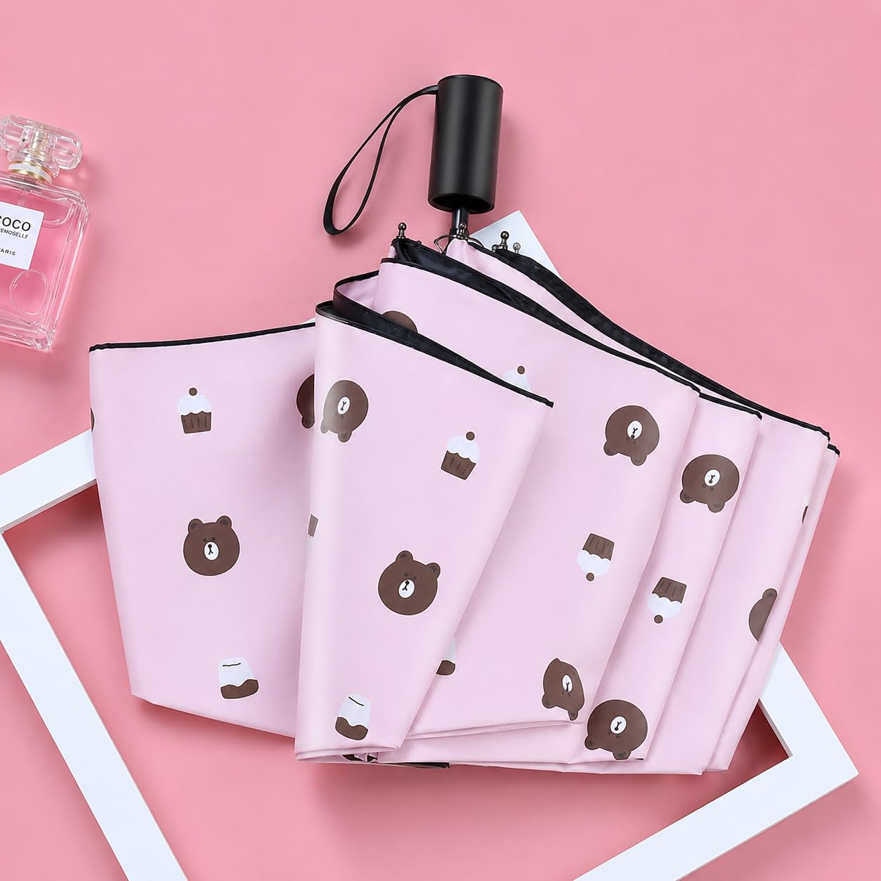 Cute teddy Print Compact 3 Fold UV Rain and Sun Umbrella