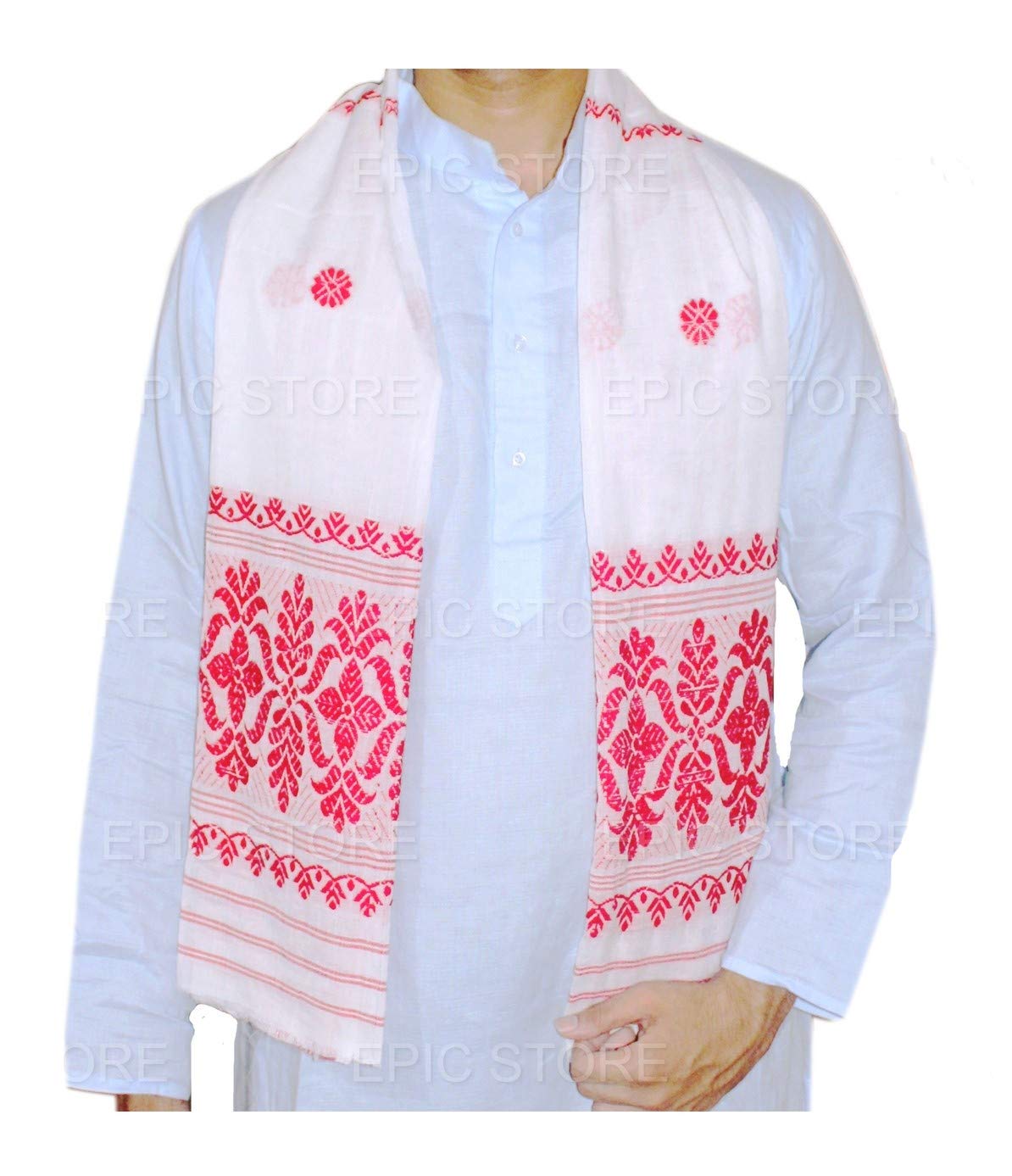 Handcrafted Assamese Cottony Soft gamosa, Full Embroidery Work,55" * 25" Red and White gamosa