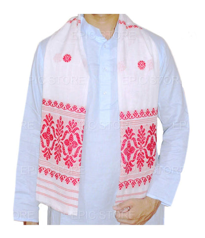 Handcrafted Assamese Cottony Soft gamosa, Full Embroidery Work,55" * 25" Red and White gamosa