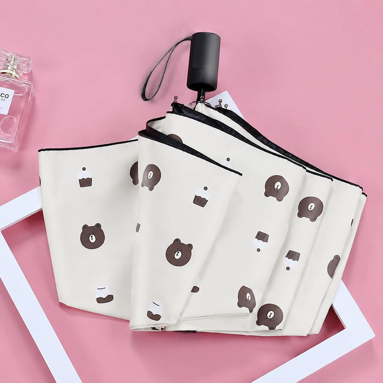 Cute teddy Print Compact 3 Fold UV Rain and Sun Umbrella