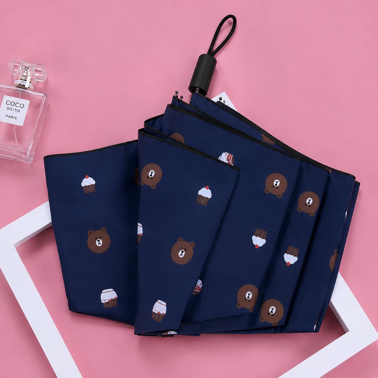 Cute teddy Print Compact 3 Fold UV Rain and Sun Umbrella