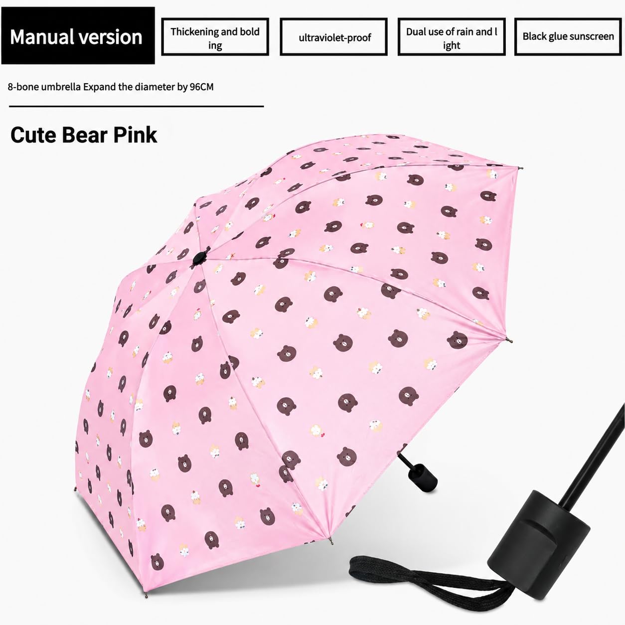 Cute teddy Print Compact 3 Fold UV Rain and Sun Umbrella
