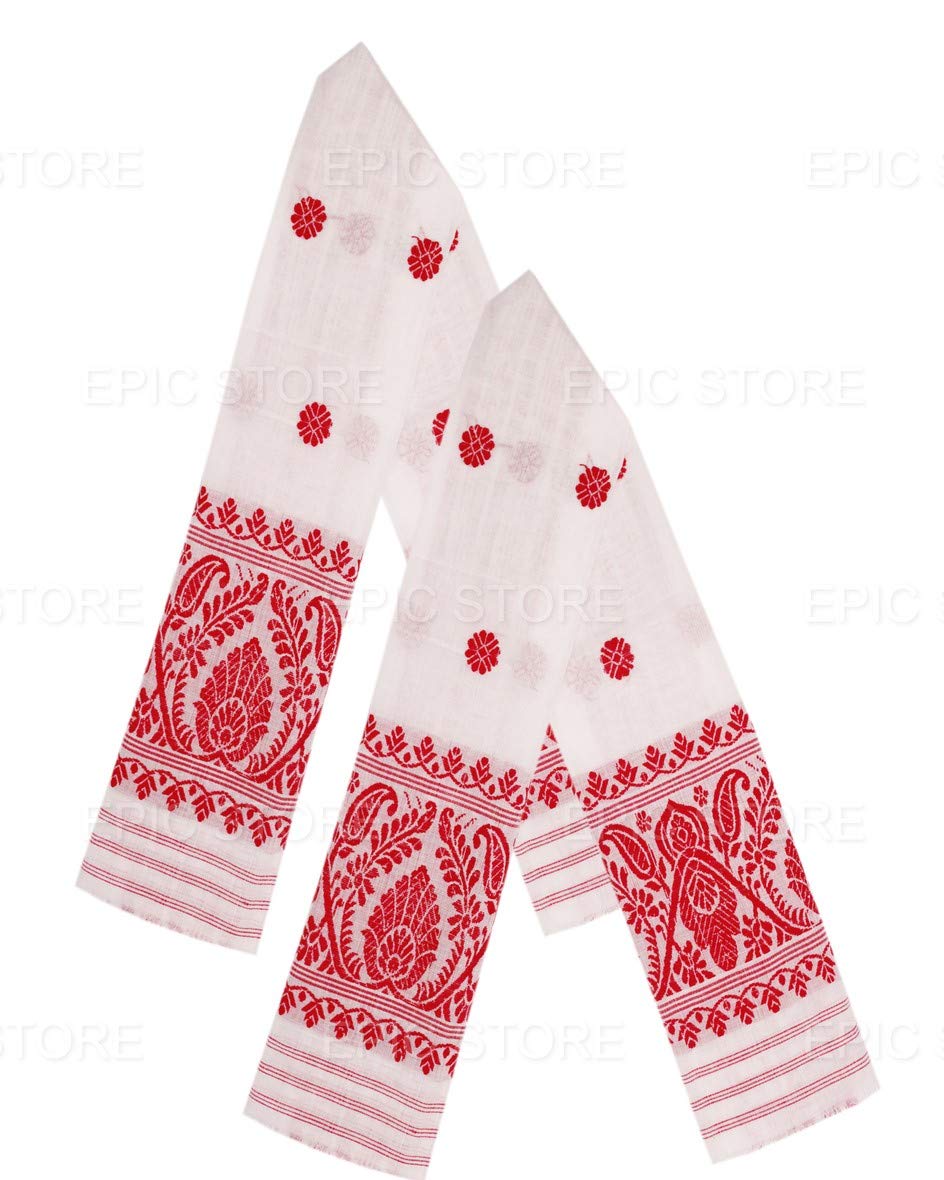 Handcrafted Assamese Cottony Soft gamosa, Full Embroidery Work,55" * 25" Red and White gamosa